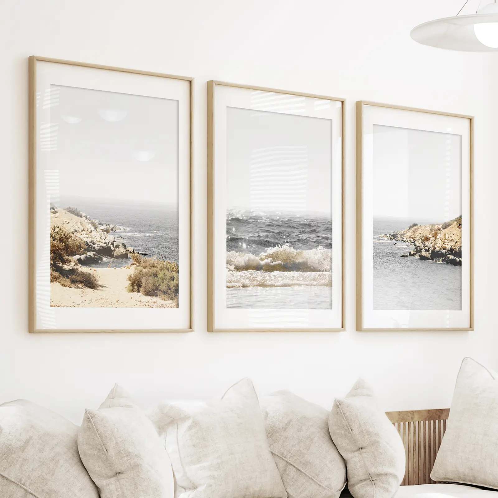 3 Piece Beige Ocean Beach Decor. Gray Waves with Rocks Wall Art - Image 3