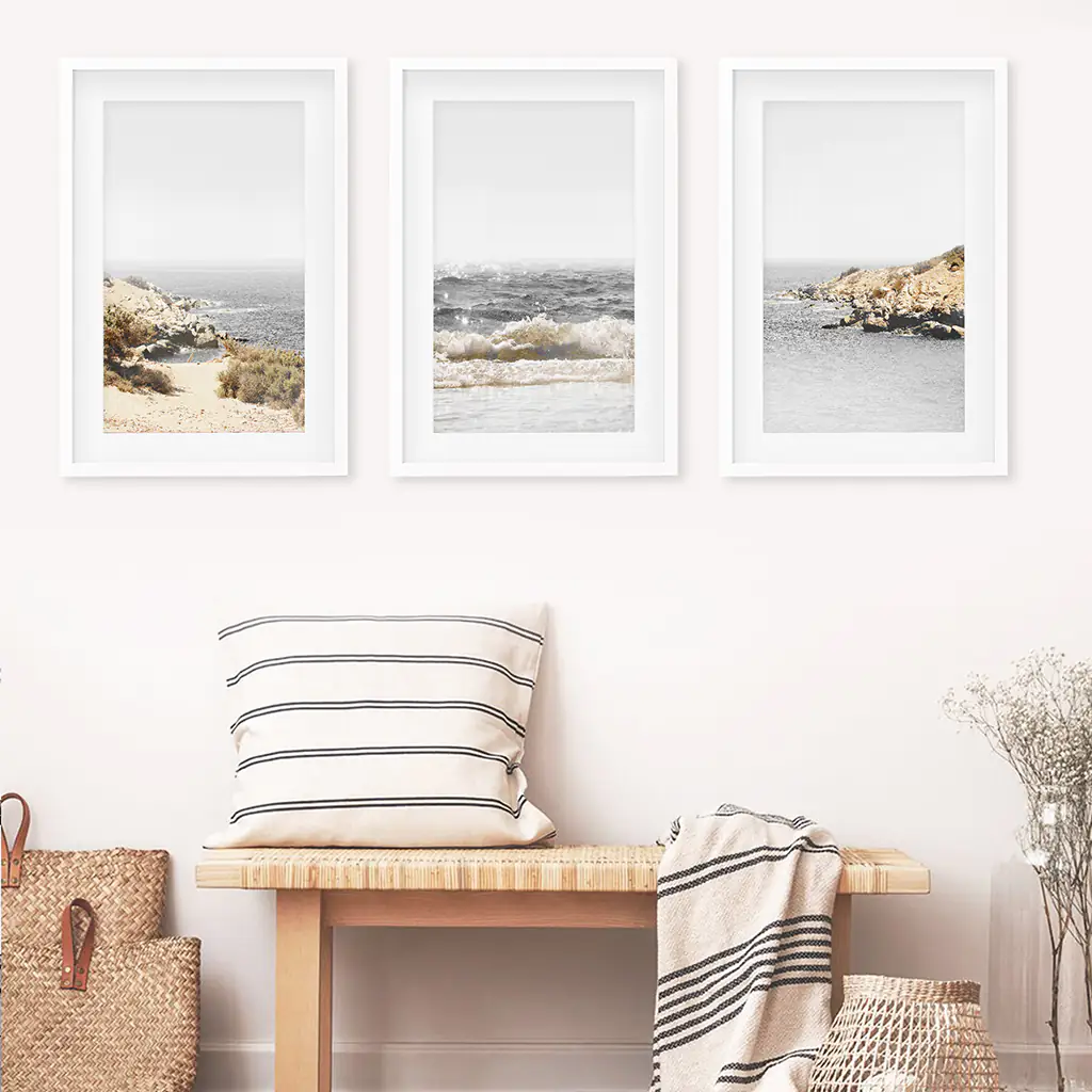 3 Piece Beige Ocean Beach Decor. Gray Waves with Rocks Wall Art - Image 5