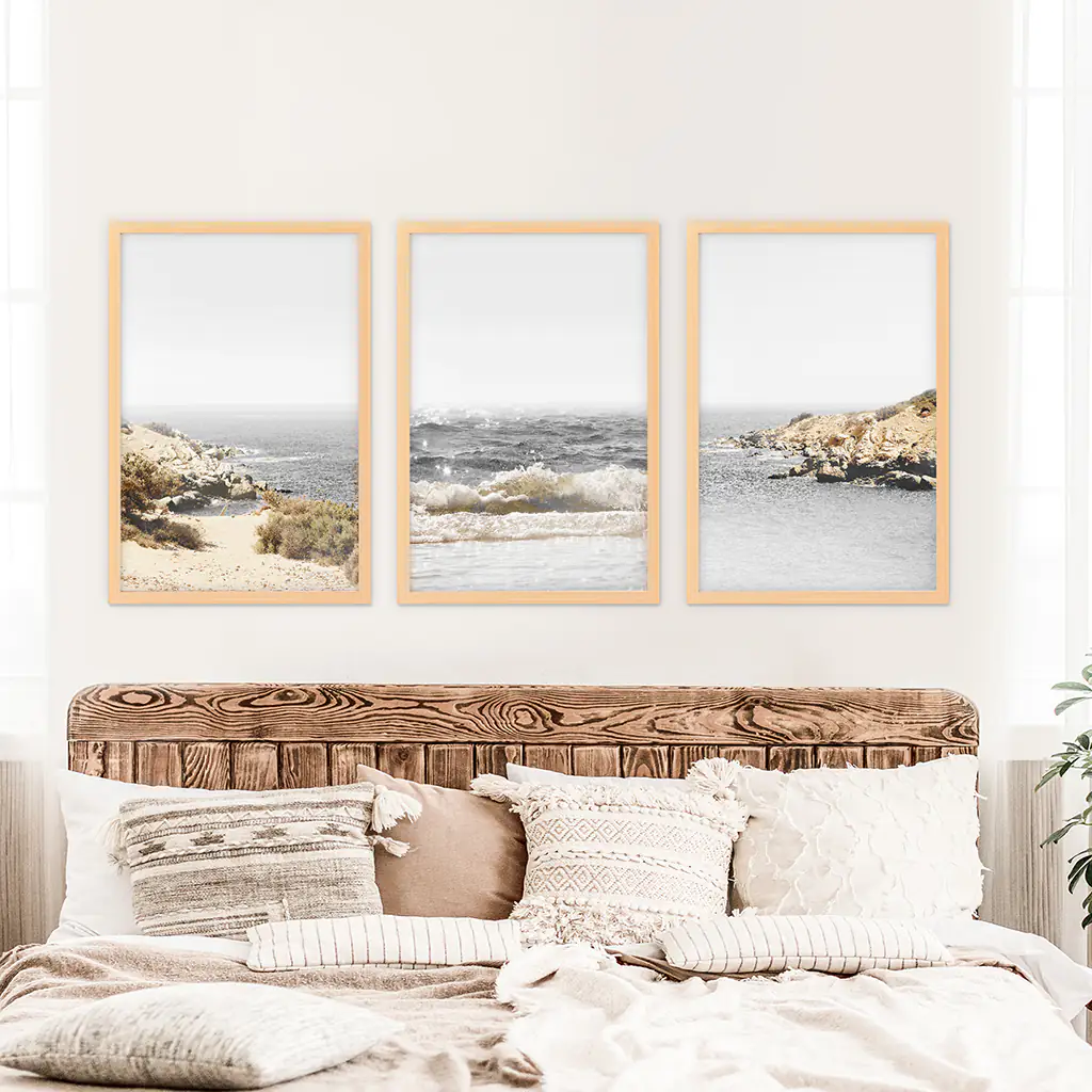 3 Piece Beige Ocean Beach Decor. Gray Waves with Rocks Wall Art - Image 7