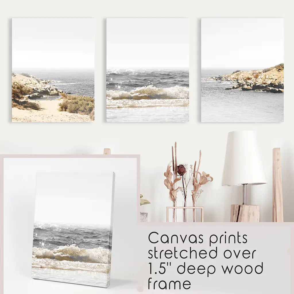 3 Piece Beige Ocean Beach Decor. Gray Waves with Rocks Wall Art - Image 9