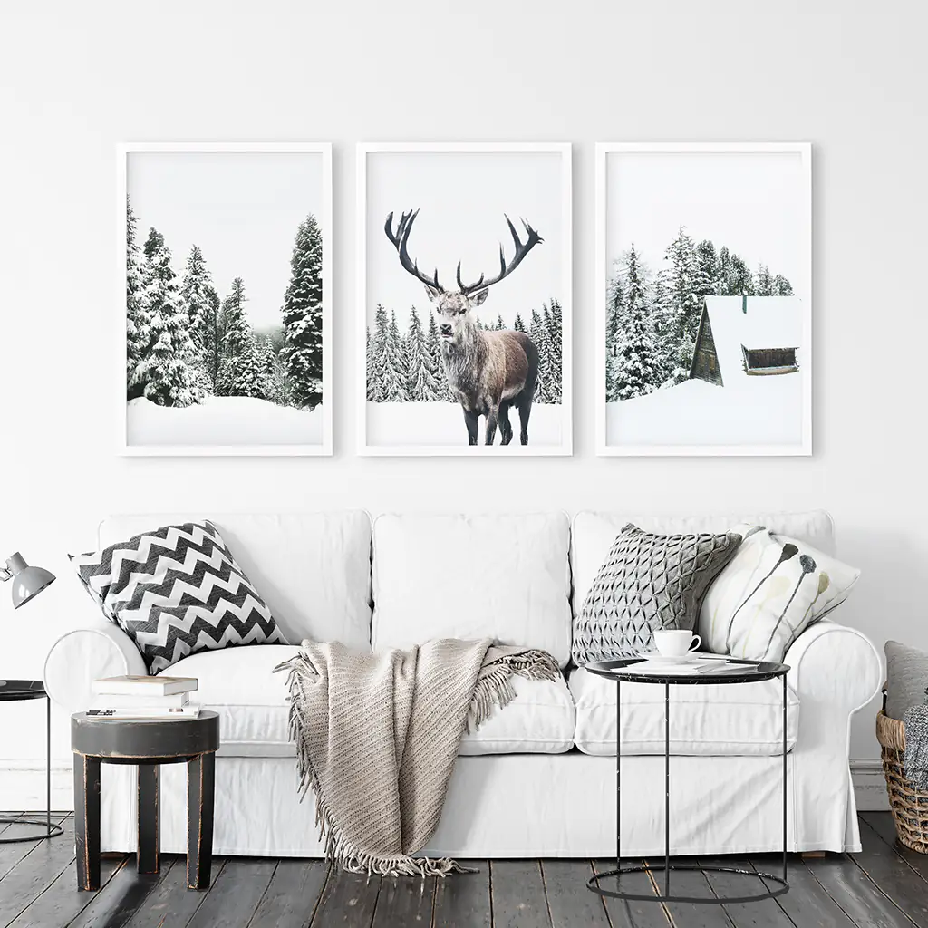 3 Piece Christmas Wall Art. Forest, Log Cabin, Reindeer - Image 2