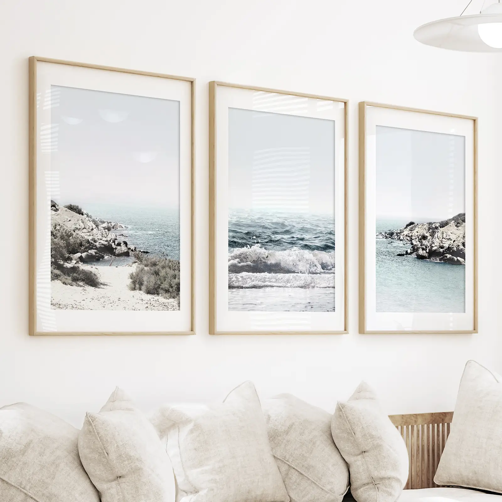 3 Piece Coastal Seascape Set. Blue Waves, Rocky Beach - Image 3