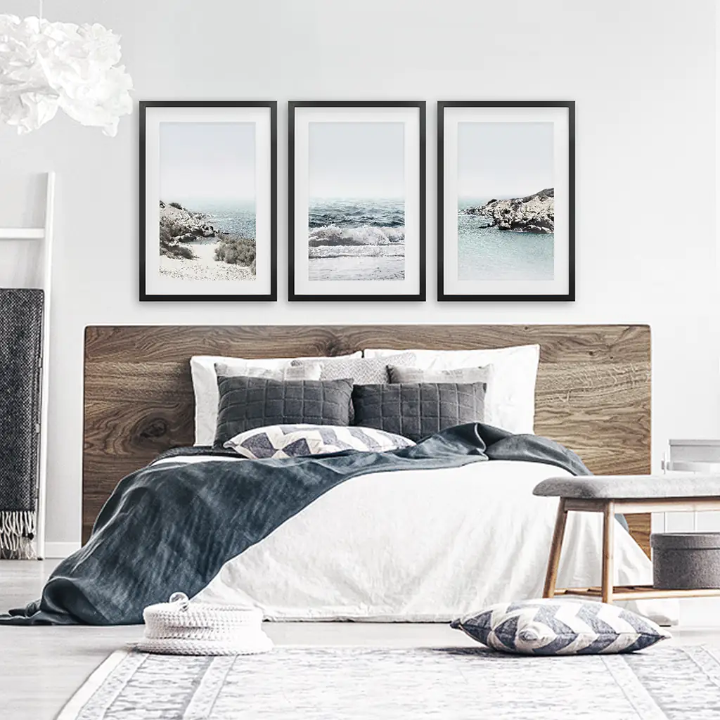 3 Piece Coastal Seascape Set. Blue Waves, Rocky Beach - Image 4