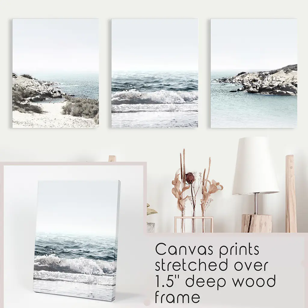 3 Piece Coastal Seascape Set. Blue Waves, Rocky Beach - Image 9