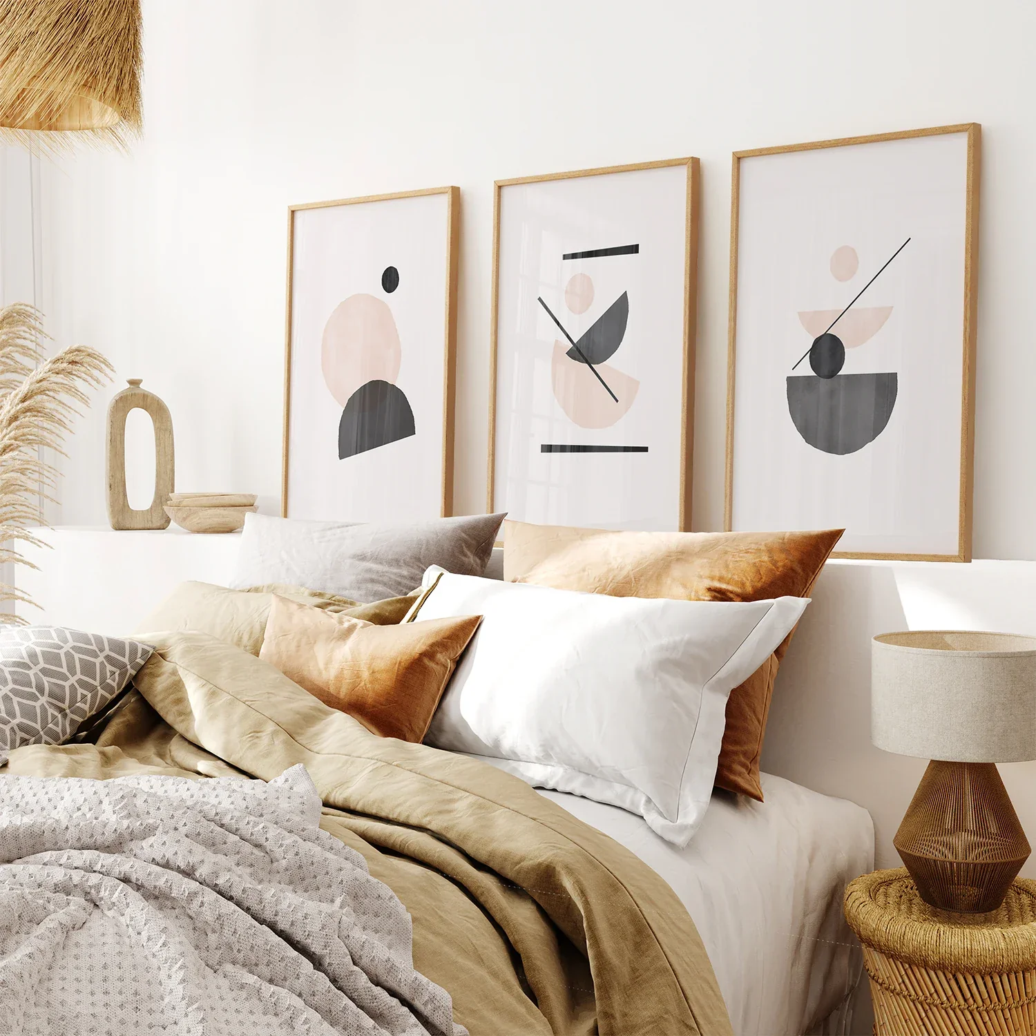 3 Piece Mid-Century Abstract Art. Beige and Black - Image 3