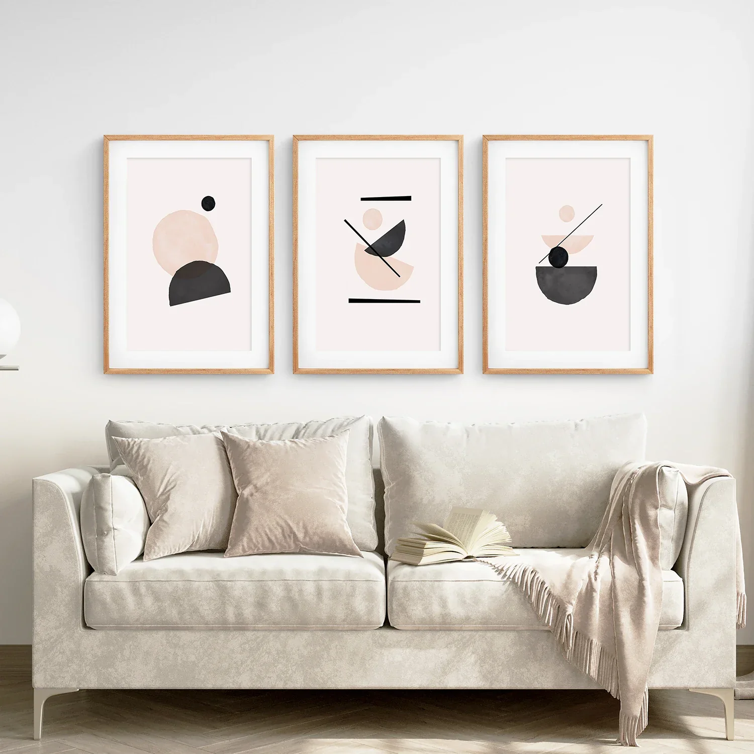3 Piece Mid-Century Abstract Art. Beige and Black - Image 4