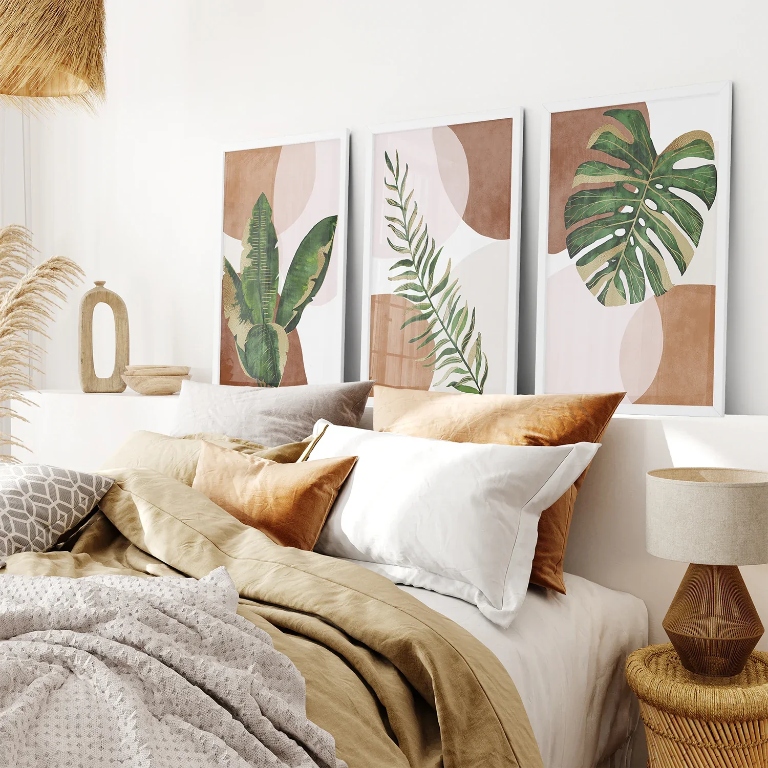 3 Piece Terracotta Boho Wall Art. Green Tropical Leaves - Image 3