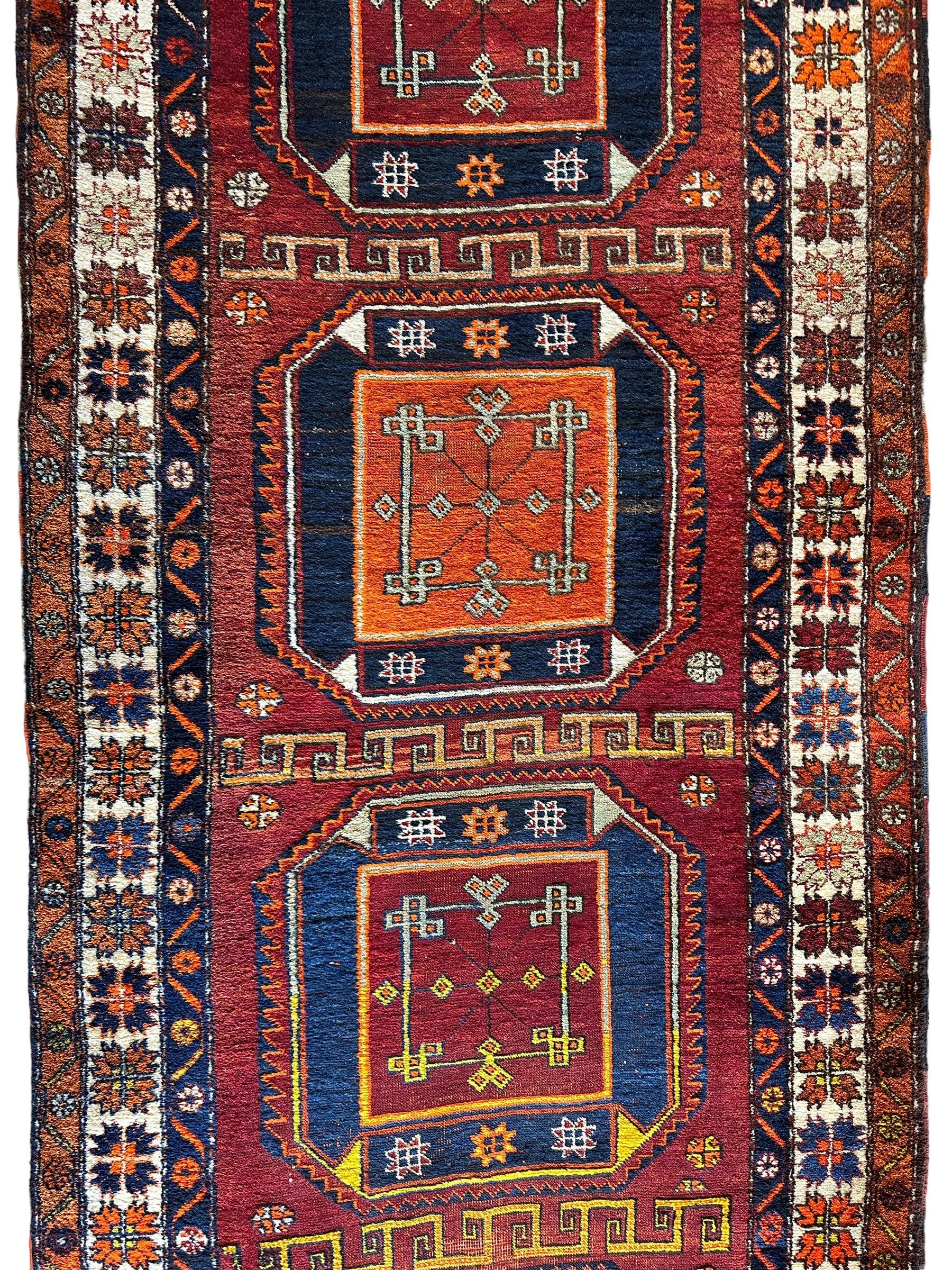 Antique circa 1920's Kurdish-Kazak Geometric Motifs Runner 3’8” x 12’3” - Image 6