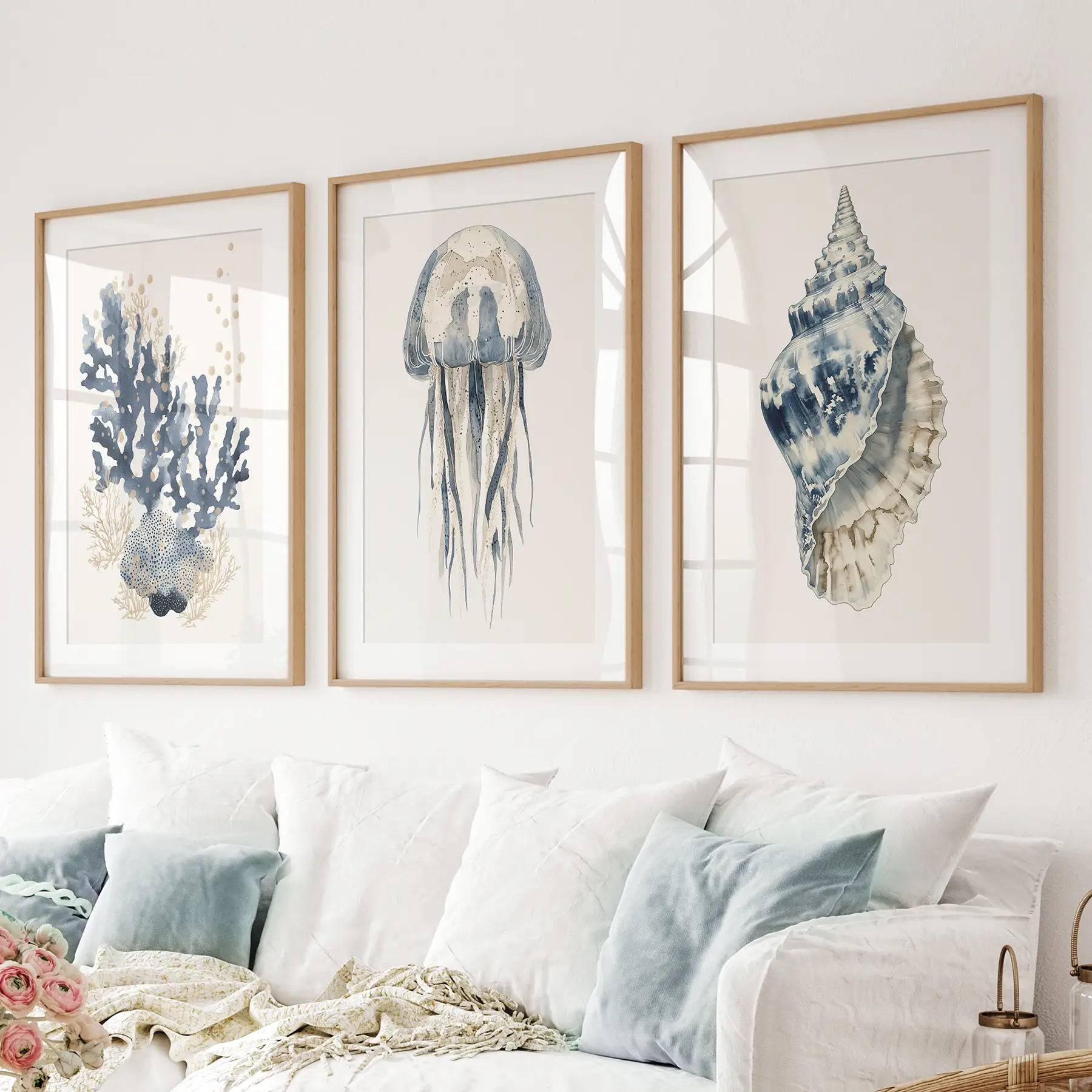 Beach House Wall Art Set. Blue Coral, Jellyfish, Shell - Image 2