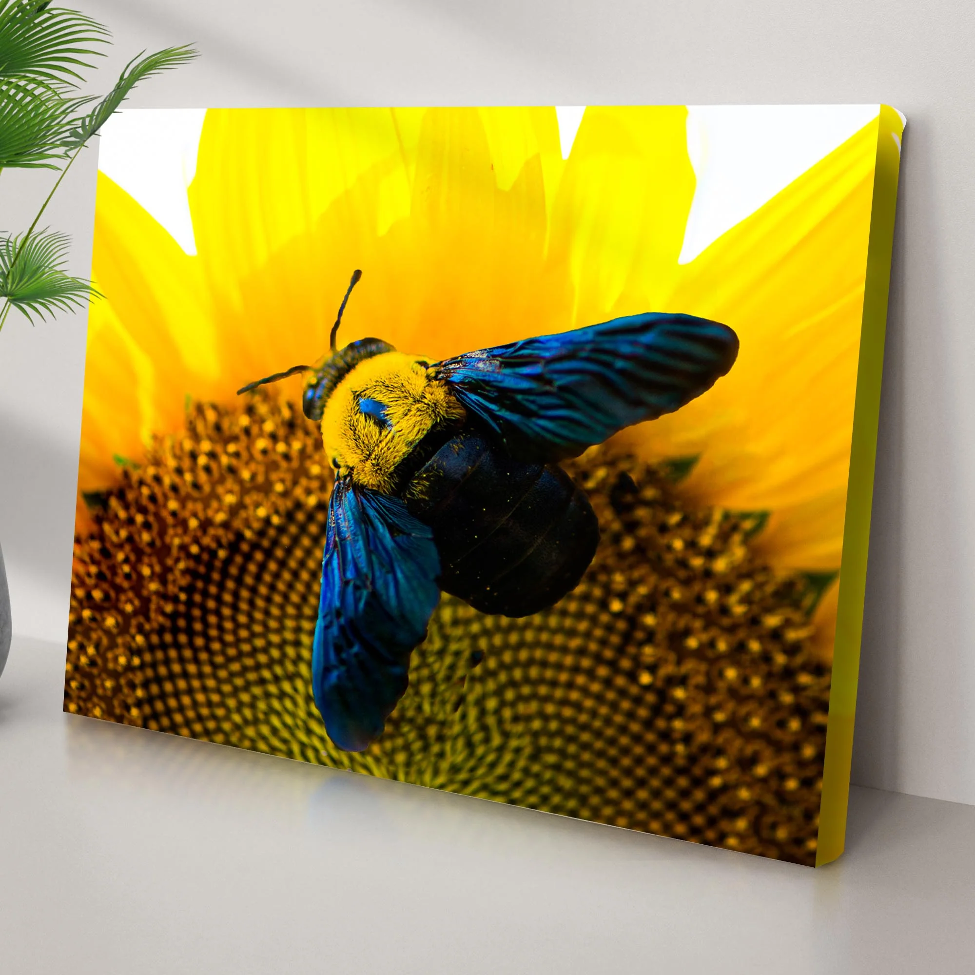 Bee Hoverfly Above A Sunflower Canvas Wall Art - Image 2