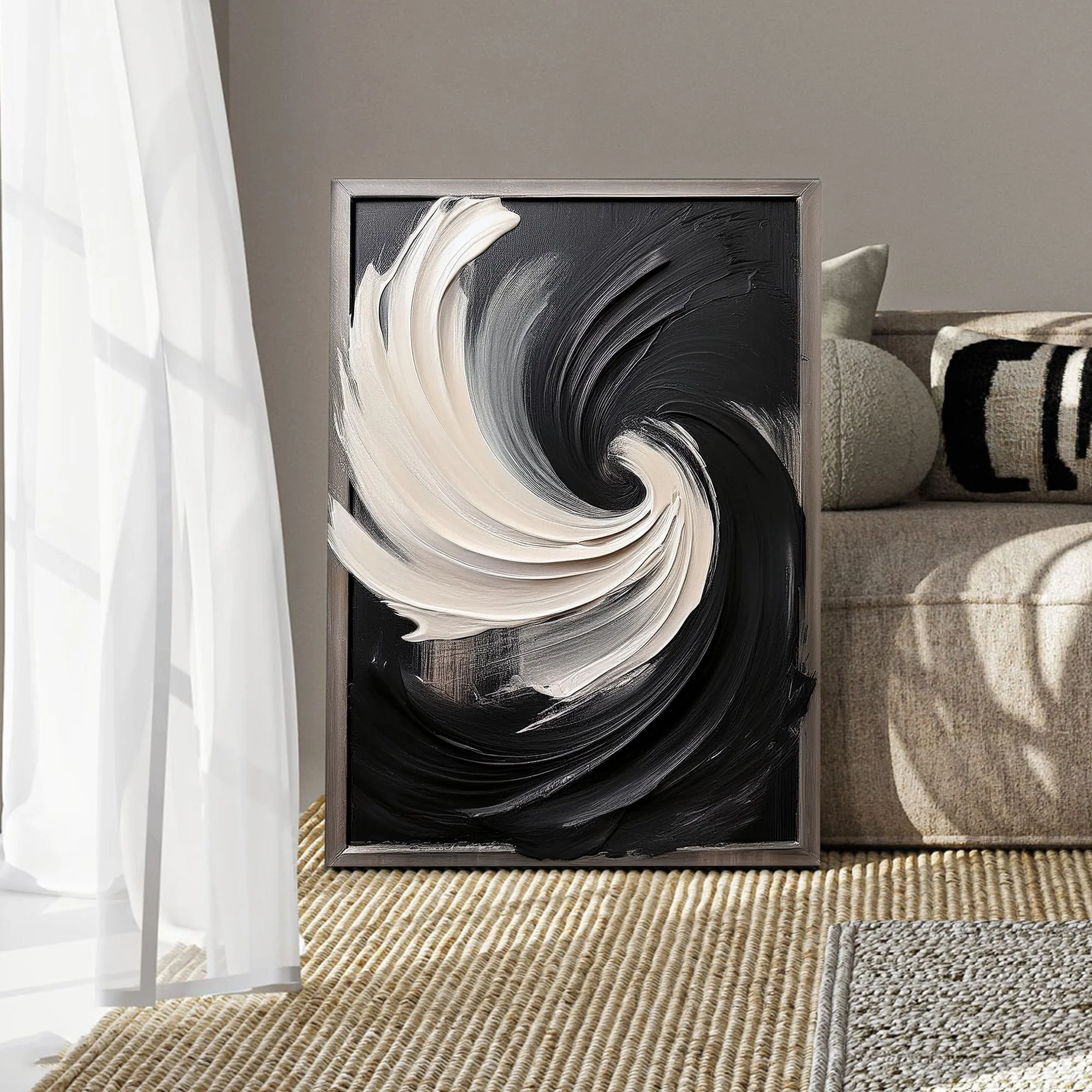 Black and White Vortex Abstract Wall Art - Image 3