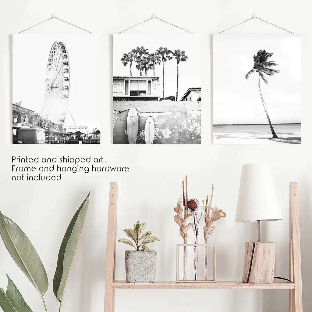 Black White Coastal Wall Art. Ferris Wheel, Surfboards, Palm - Image 10