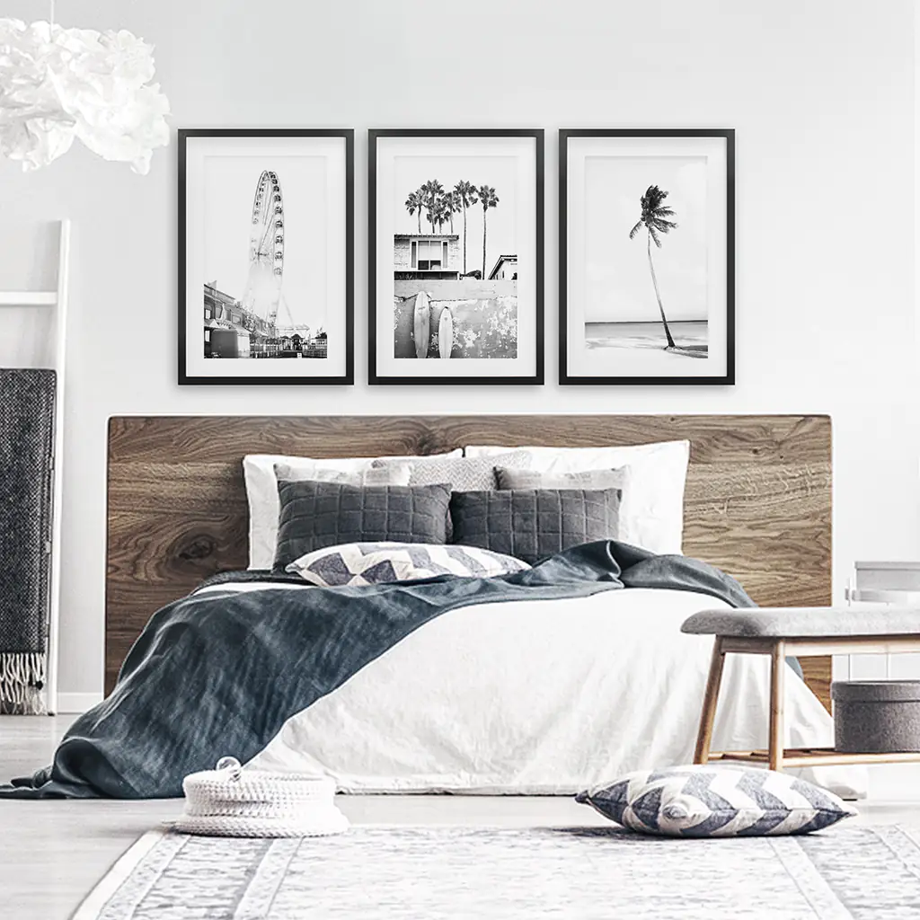 Black White Coastal Wall Art. Ferris Wheel, Surfboards, Palm - Image 2