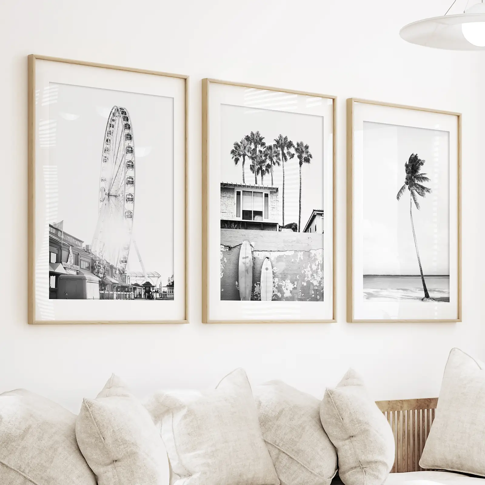 Black White Coastal Wall Art. Ferris Wheel, Surfboards, Palm - Image 3