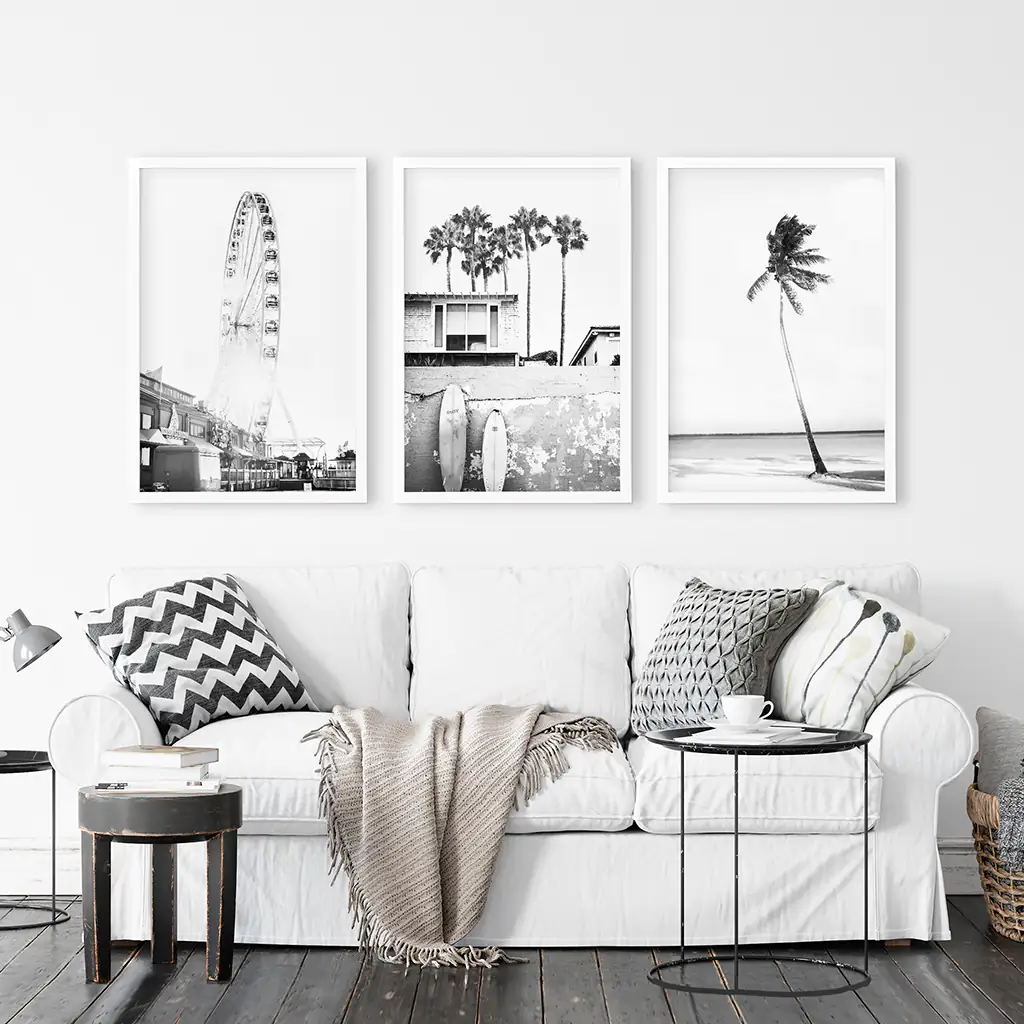 Black White Coastal Wall Art. Ferris Wheel, Surfboards, Palm - Image 4