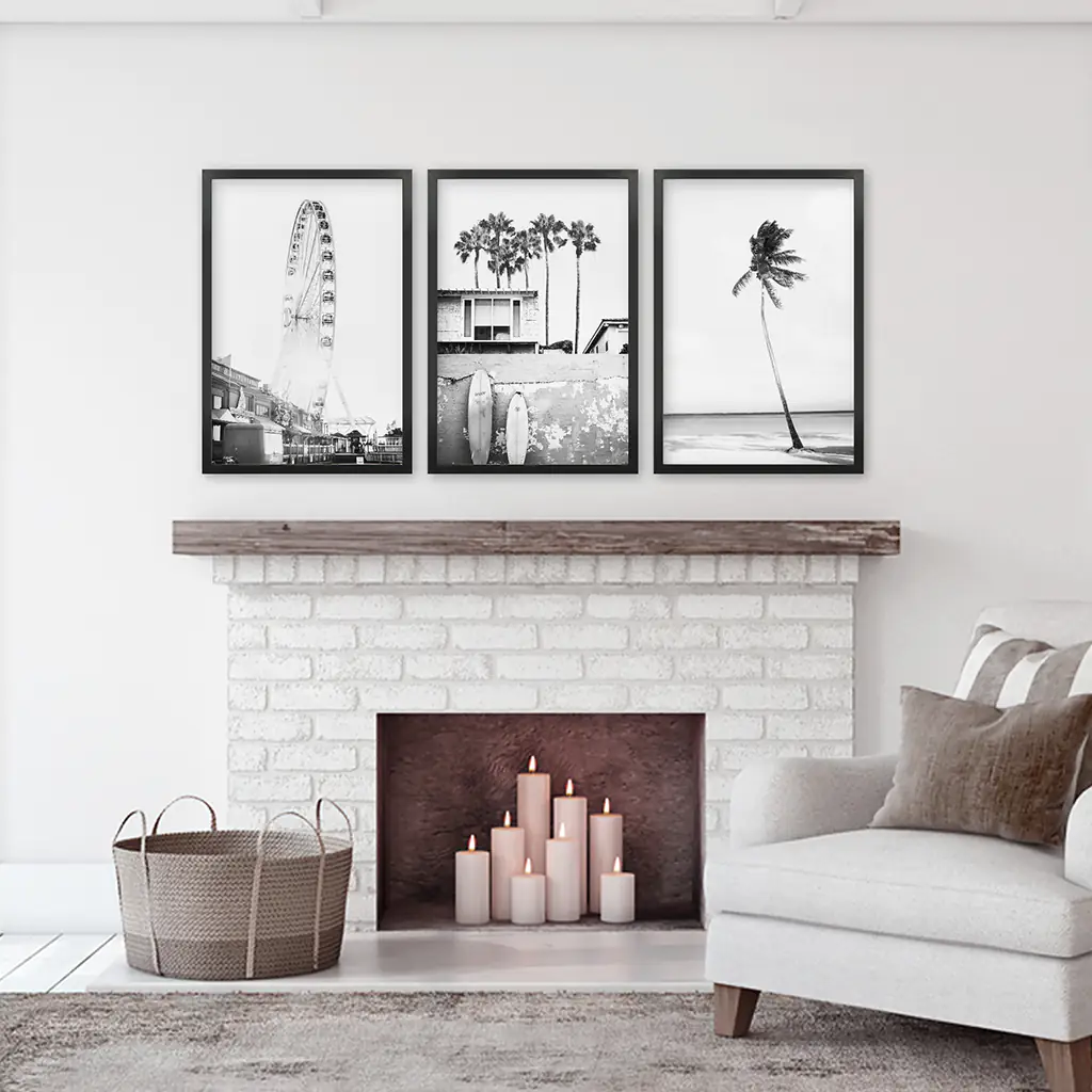Black White Coastal Wall Art. Ferris Wheel, Surfboards, Palm - Image 5