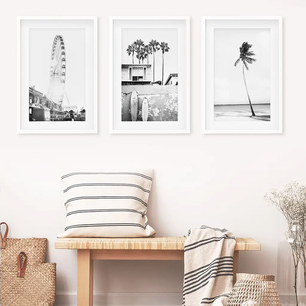 Black White Coastal Wall Art. Ferris Wheel, Surfboards, Palm - Image 6