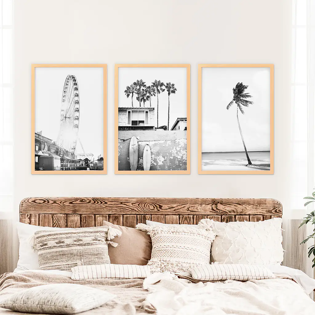 Black White Coastal Wall Art. Ferris Wheel, Surfboards, Palm - Image 7