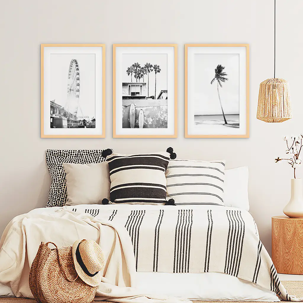 Black White Coastal Wall Art. Ferris Wheel, Surfboards, Palm - Image 8