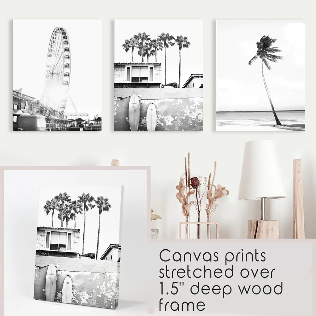 Black White Coastal Wall Art. Ferris Wheel, Surfboards, Palm - Image 9