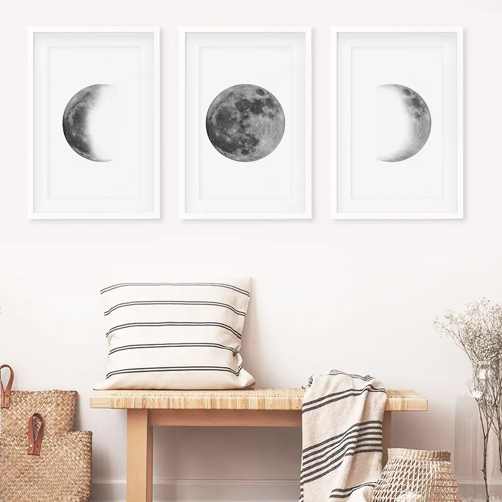 Black White MInimalist Moon Phases Wall Art. Set of 3 Prints - Image 2