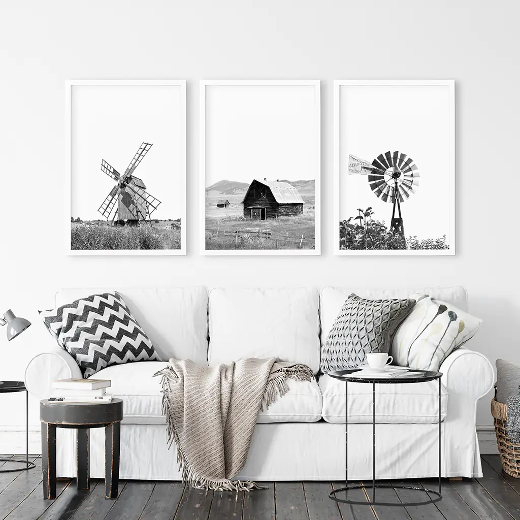Black White Set of 3 Farm Style Prints. Windmill, Barn, Vane - Image 2