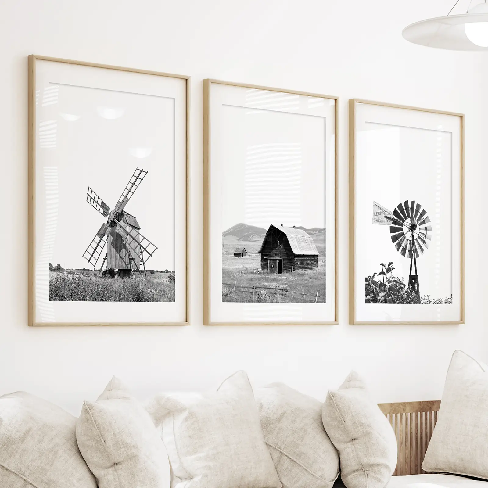 Black White Set of 3 Farm Style Prints. Windmill, Barn, Vane - Image 3