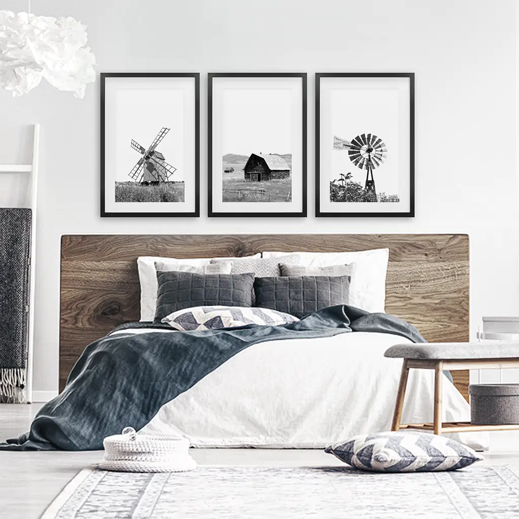 Black White Set of 3 Farm Style Prints. Windmill, Barn, Vane - Image 4