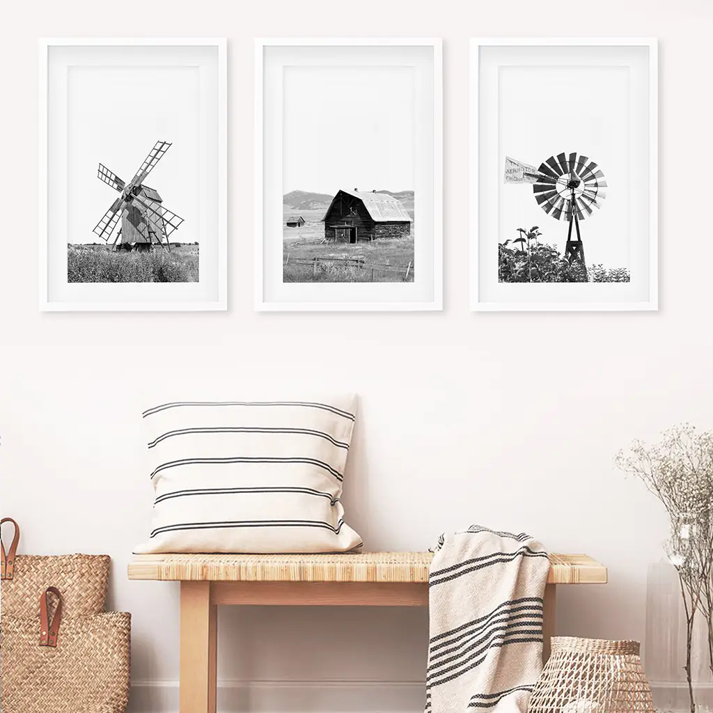 Black White Set of 3 Farm Style Prints. Windmill, Barn, Vane - Image 5