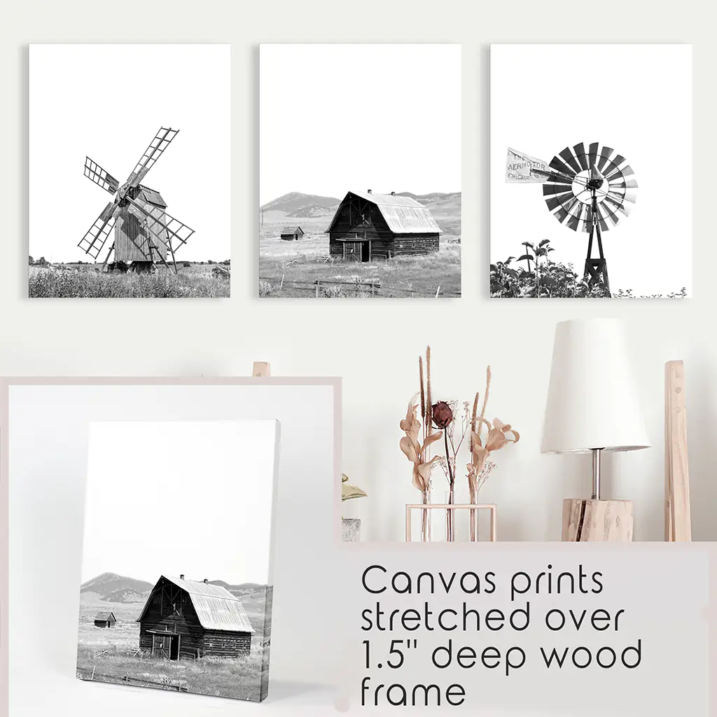 Black White Set of 3 Farm Style Prints. Windmill, Barn, Vane - Image 9