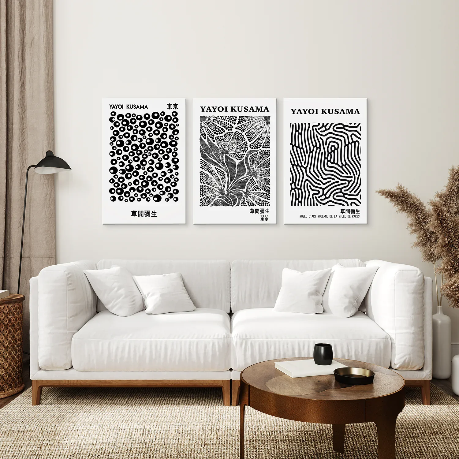 Black White set of 3 Piece Abstract Kusama Art - Image 3