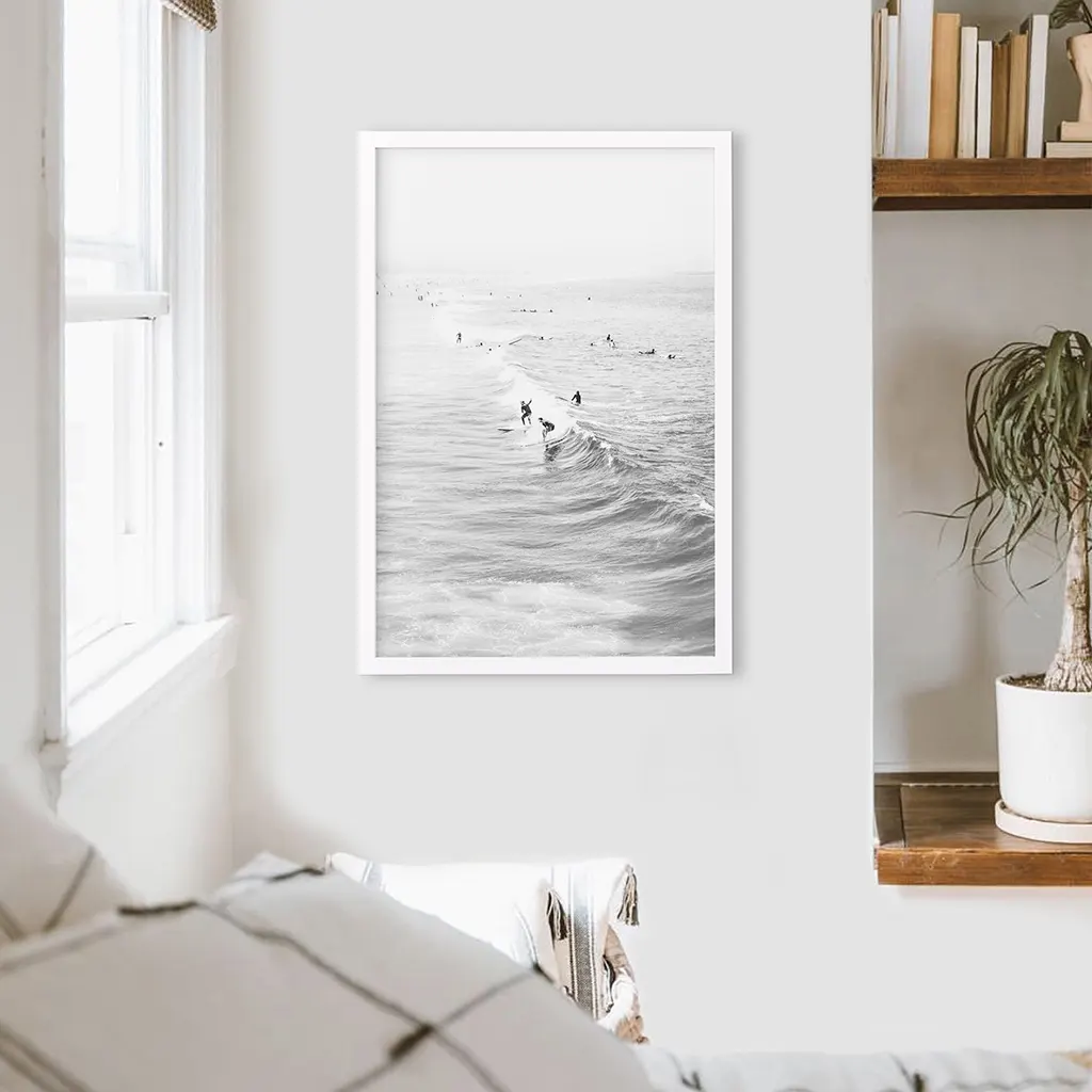 Black White Surfers on the Waves Wall Art Print - Image 5