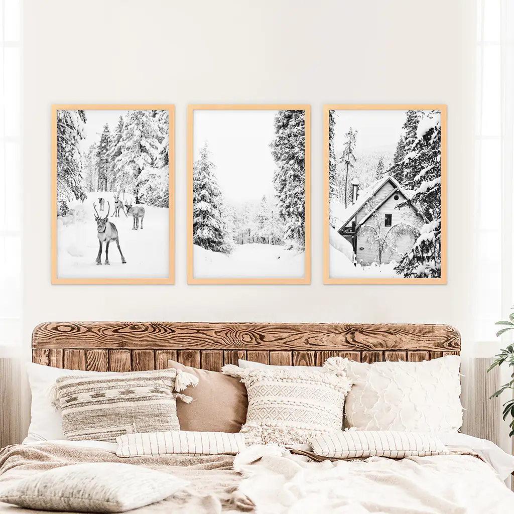 Black White Winter Woodland Wall Art Set. Reindeers, Cabin - Image 8