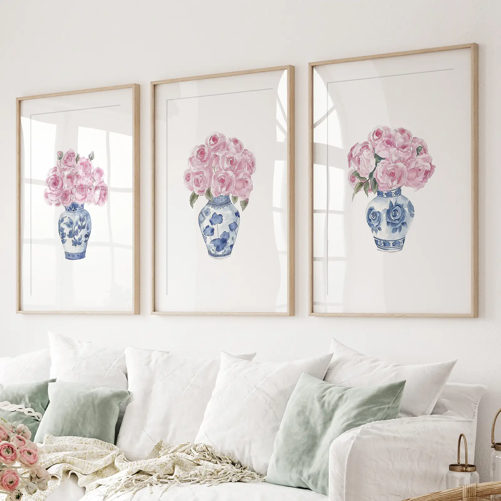 Blue Chinoiserie Watercolor Roses Art Print Set - Image 2