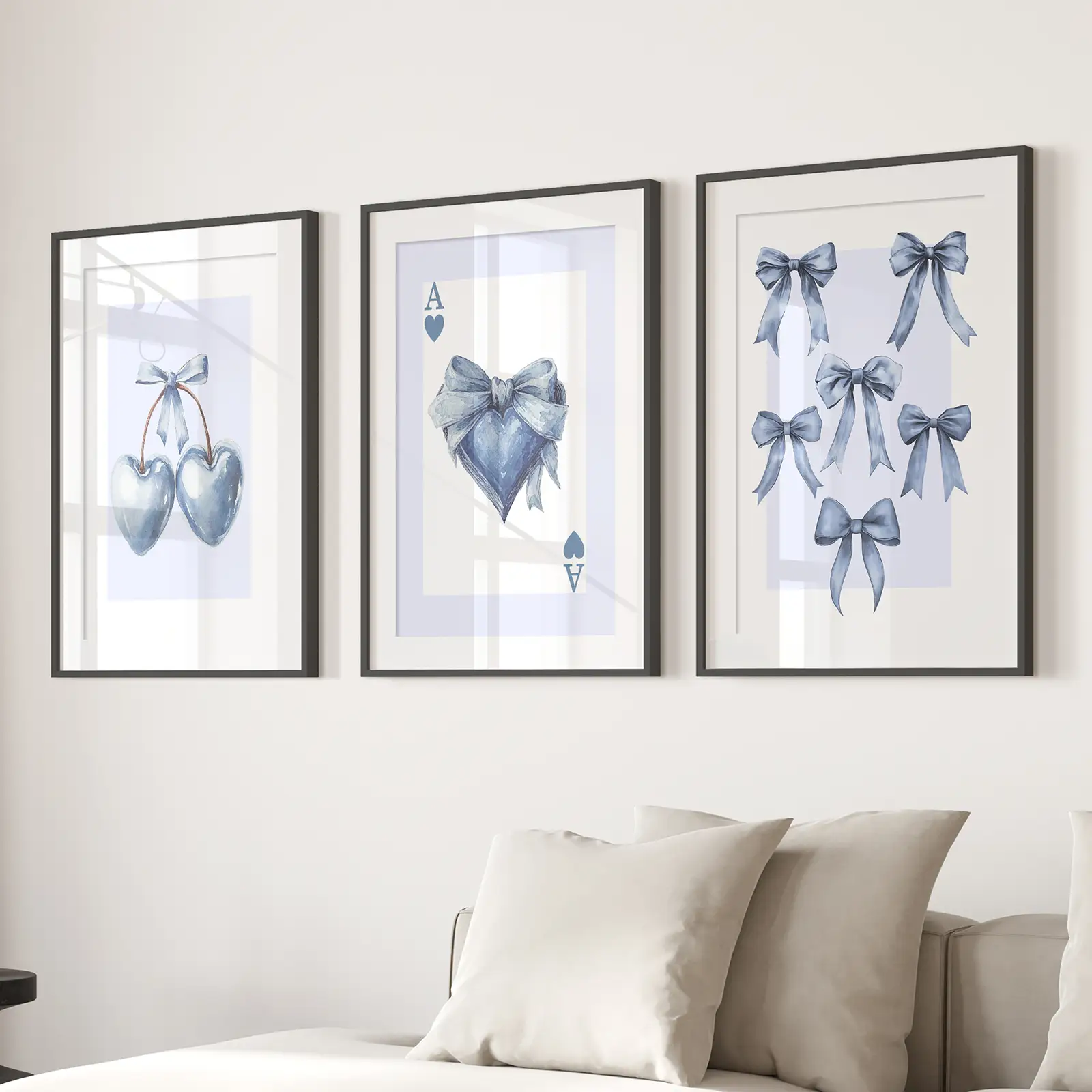 Blue Coquette Bows Wall Art Set of 3 Prints Decor - Image 3