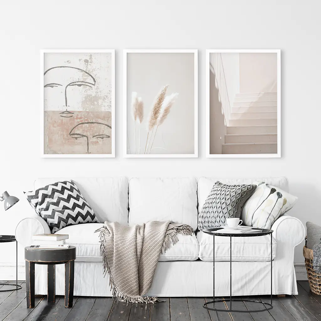 Boho Minimalist Wall Art Set. Abstract Faces, Grass, Stairs - Image 3