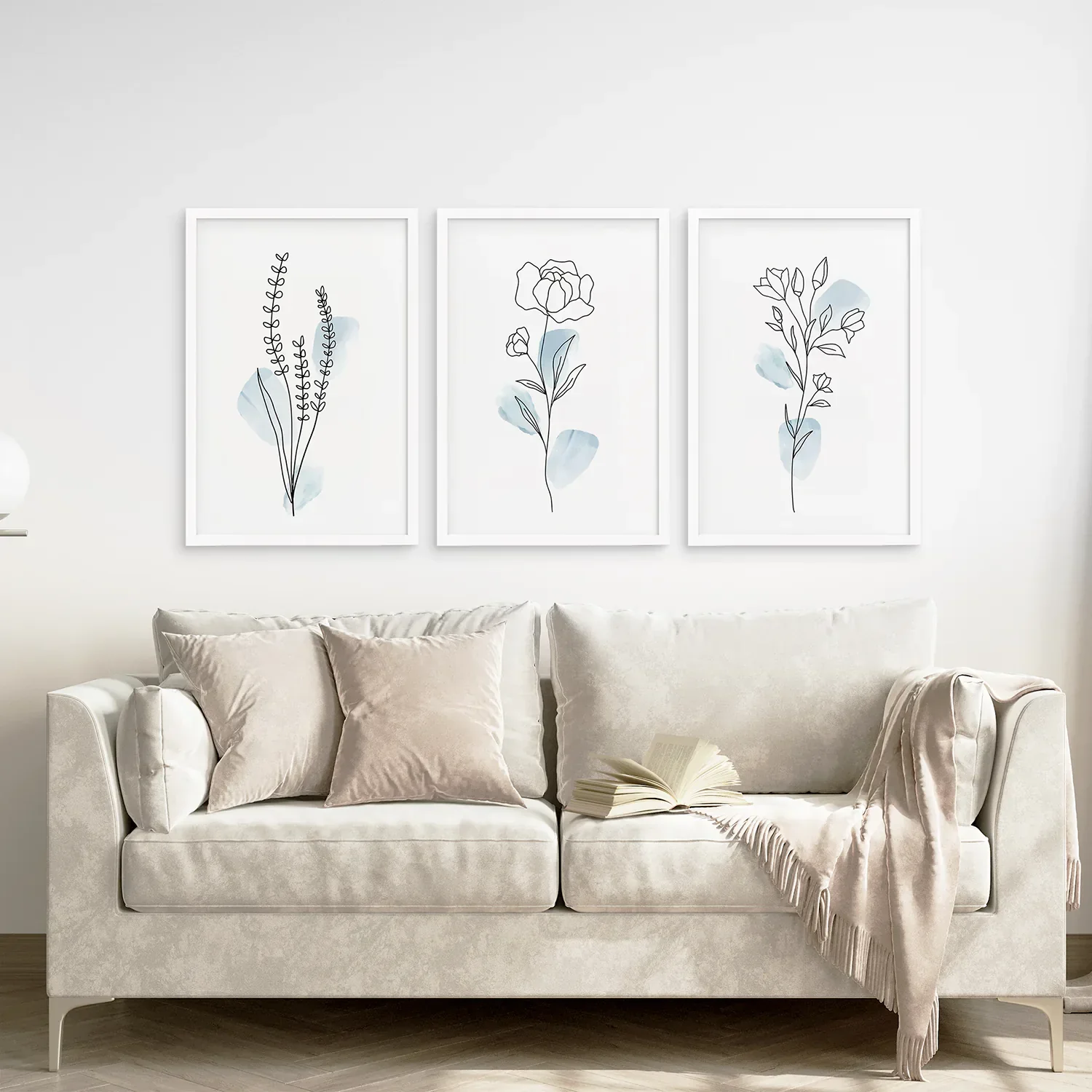 Botanical Line Art Set of 3 Pieces. Pastel Blue Flowers - Image 6