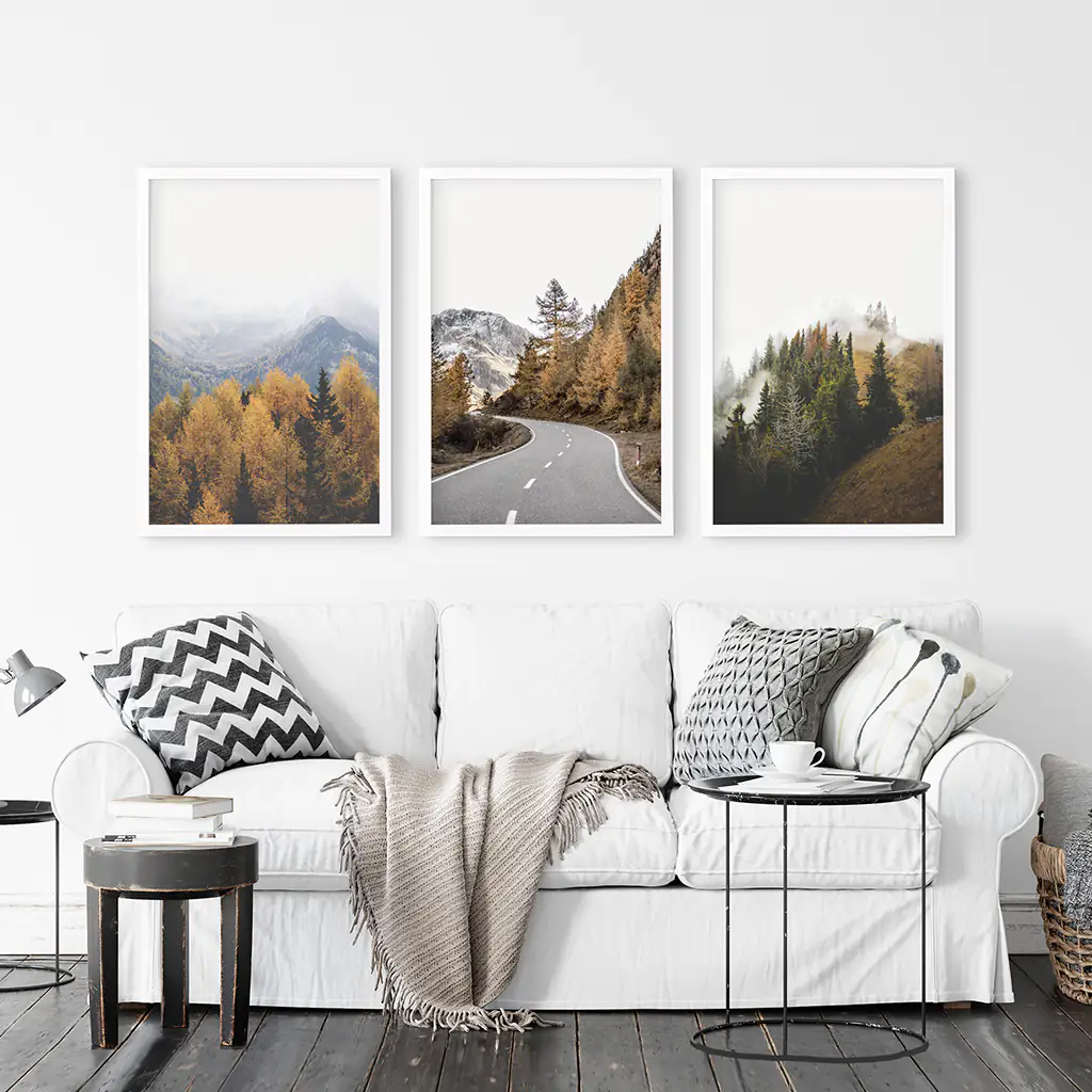 Brown Autumn Mountain Forest Scenery. Set of 3 Prints - Image 4
