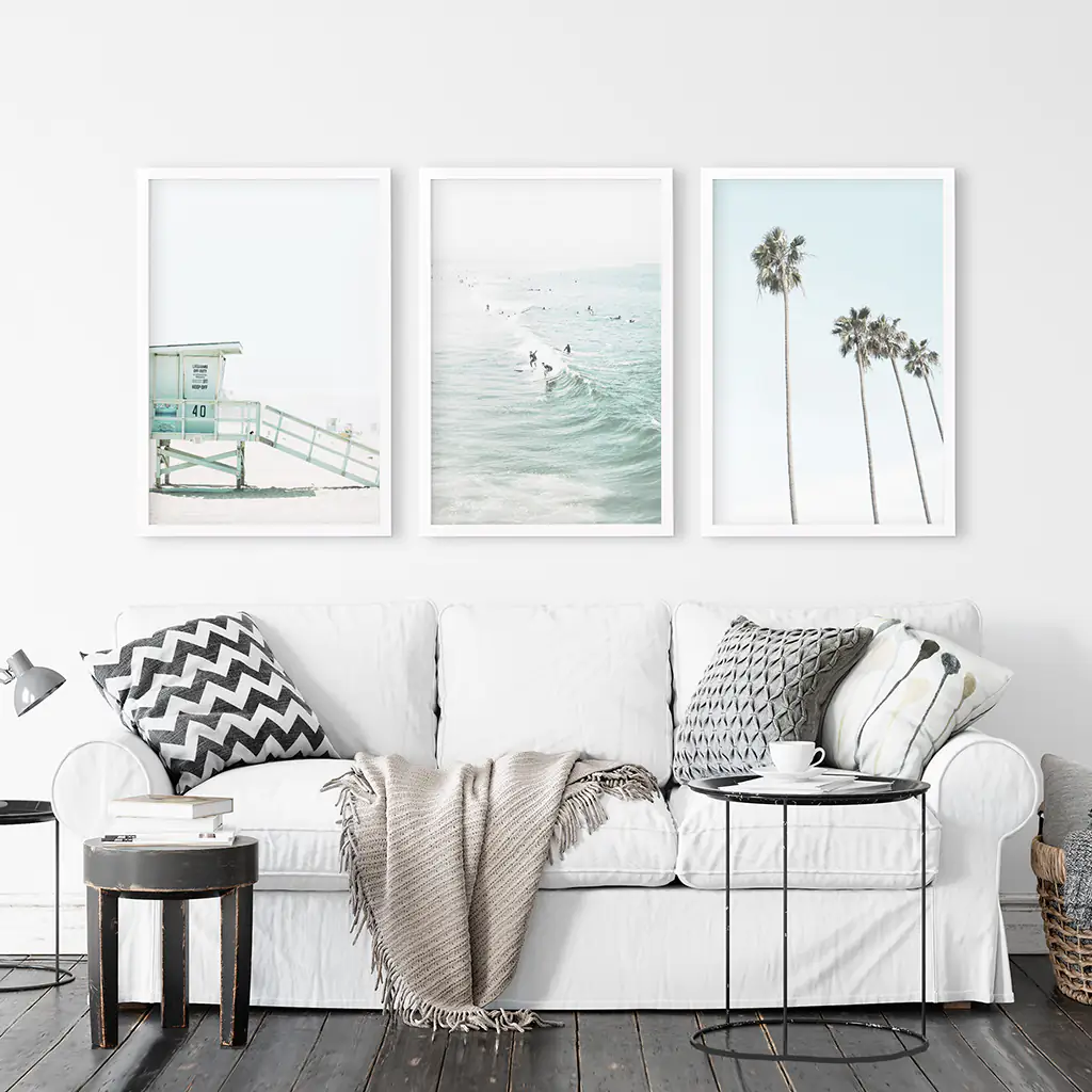 California Coastal Set of 3 Prints. Lifeguard, Surfers, Palms - Image 2