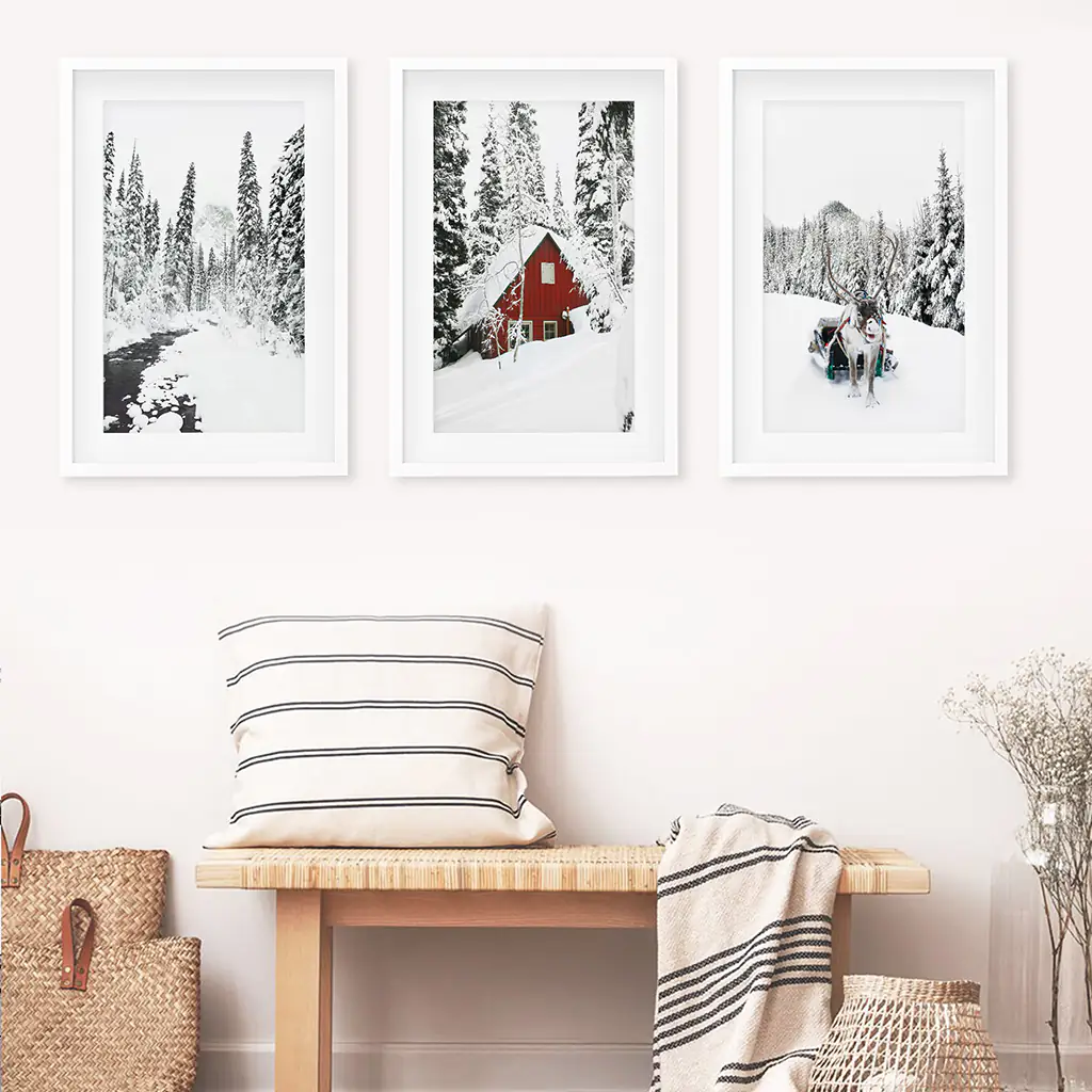 Christmas Deer Wall Art Set of 3. Red Barn, Frozen River - Image 5