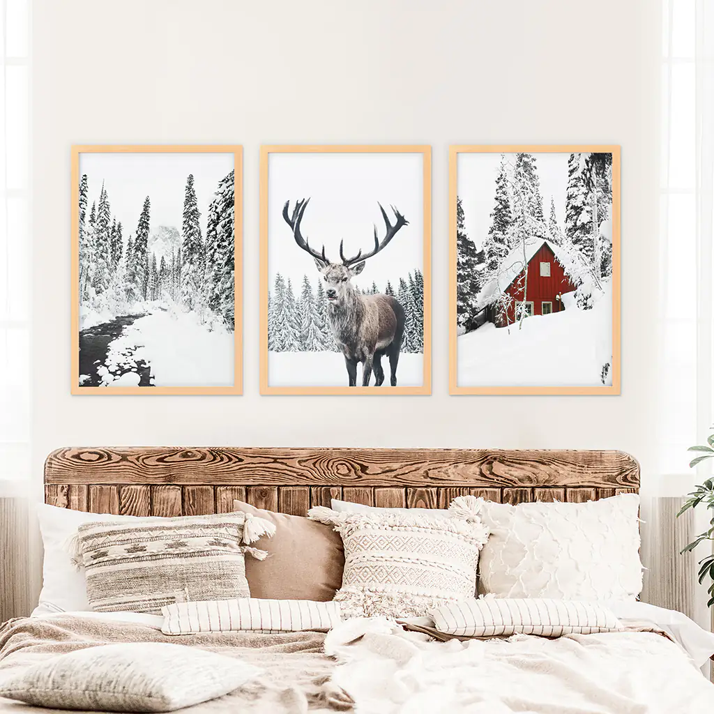 Christmas Mood Wall Art Prints. Red Log Cabin, Deer - Image 7