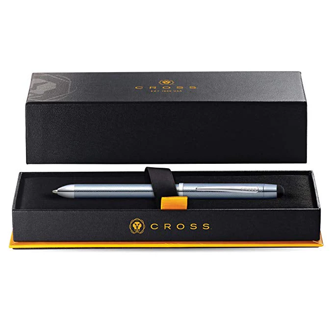Cross Tech3+ Frosty Steel Lacquer Multi-Function Pen with Chrome-Plated Appointments, Stylus, and 0.5mm Lead
