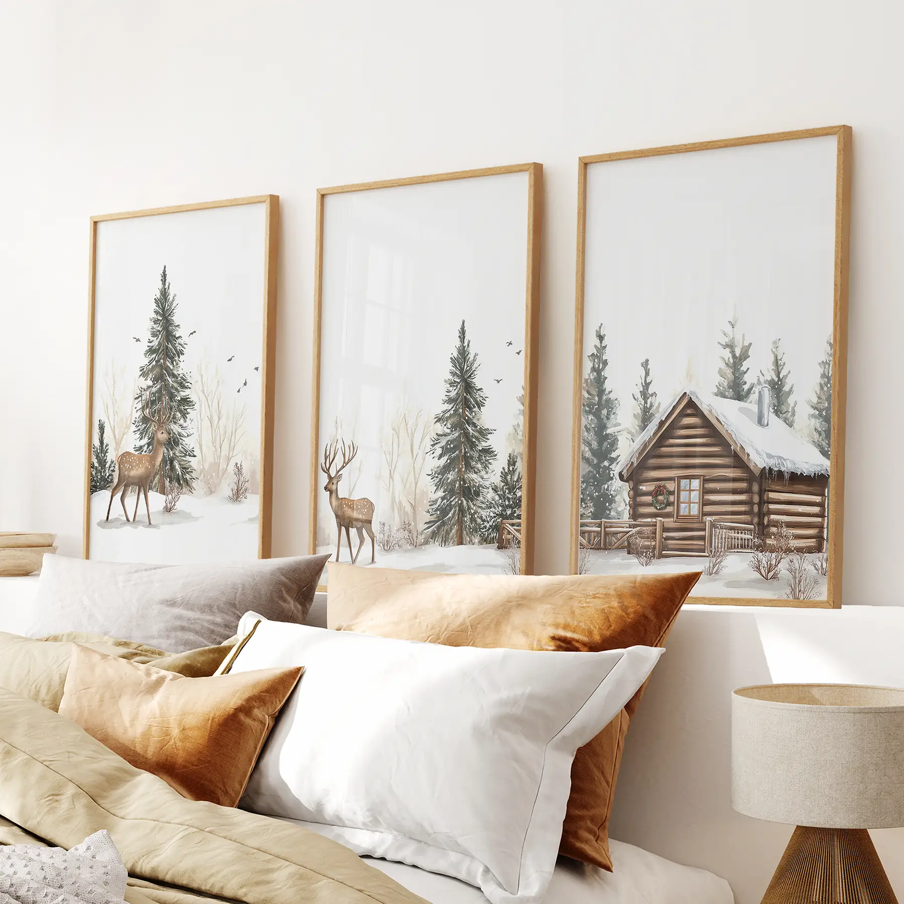 Deer and Cabin Winter 3 Piece Wall Art. Rustic Nordic Prints