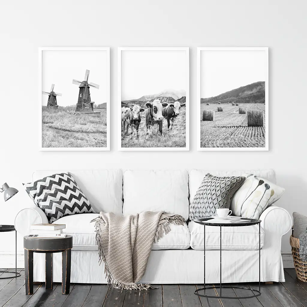 Farmhouse Black White Wall Art. Windmill, 3 Cows, Hay Bales - Image 6