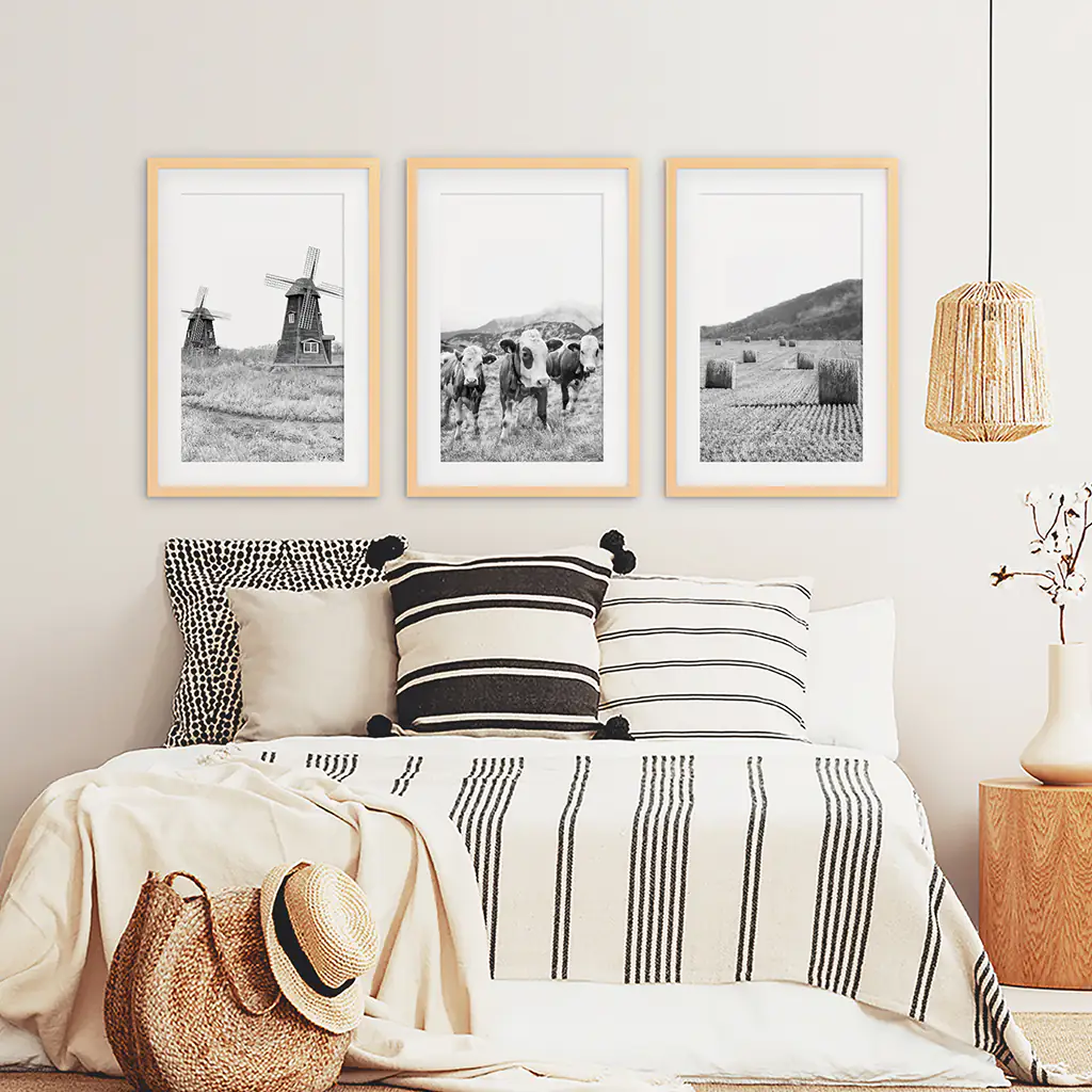 Farmhouse Black White Wall Art. Windmill, 3 Cows, Hay Bales - Image 7