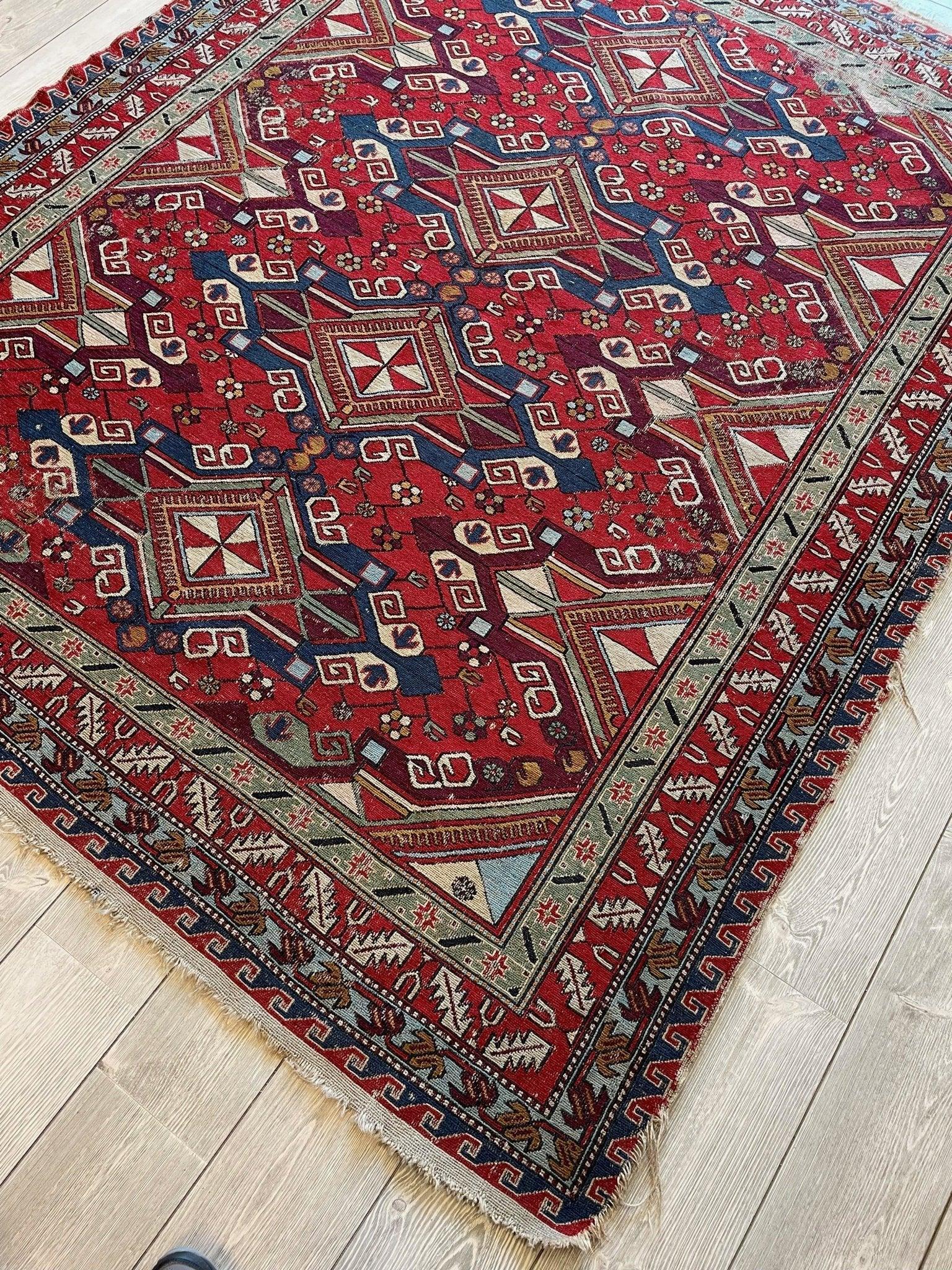 Fine Antique Natural Dyes Caucasian Soumak Area Rug 73''x91'' - Image 4