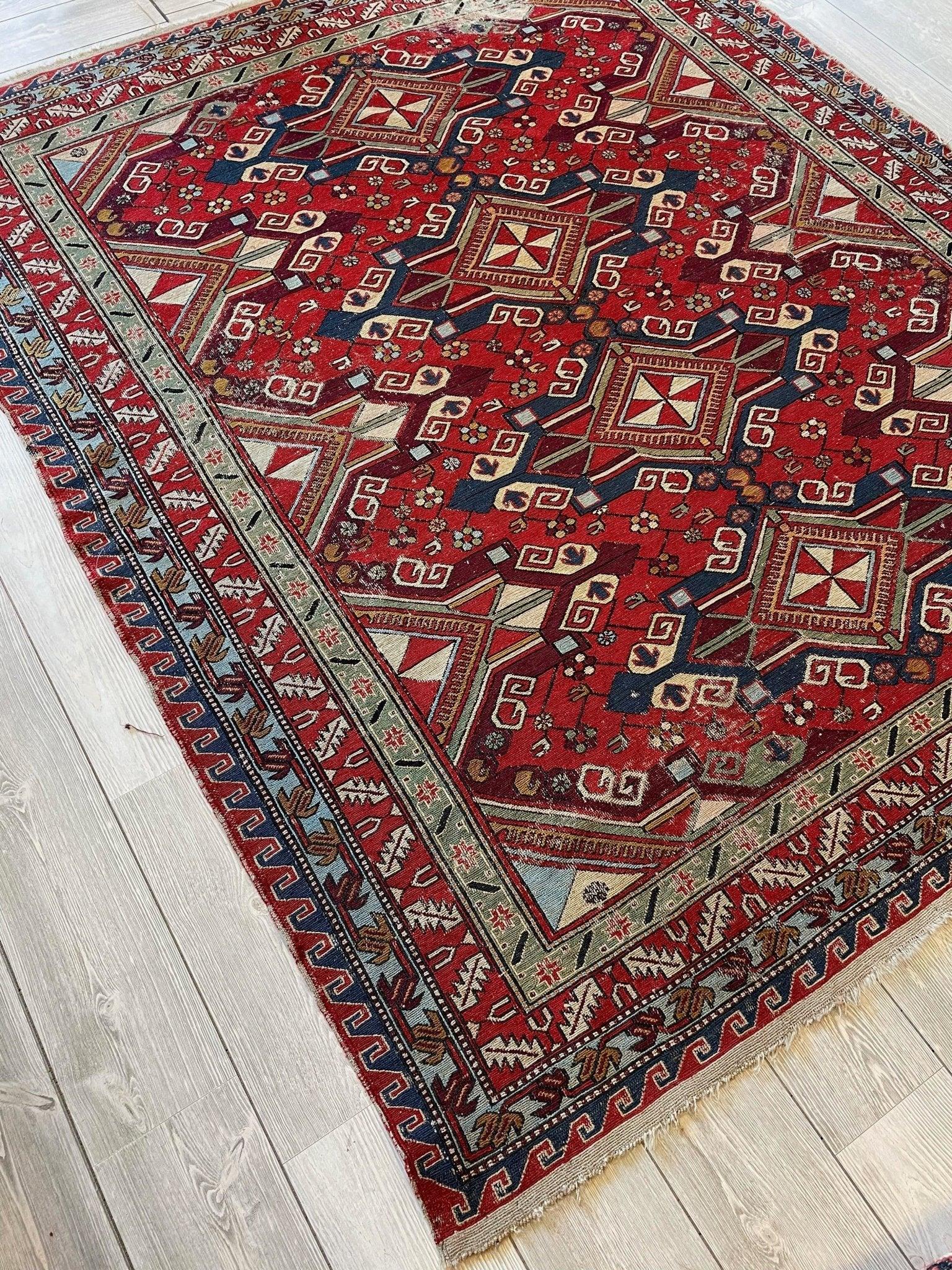 Fine Antique Natural Dyes Caucasian Soumak Area Rug 73''x91'' - Image 5