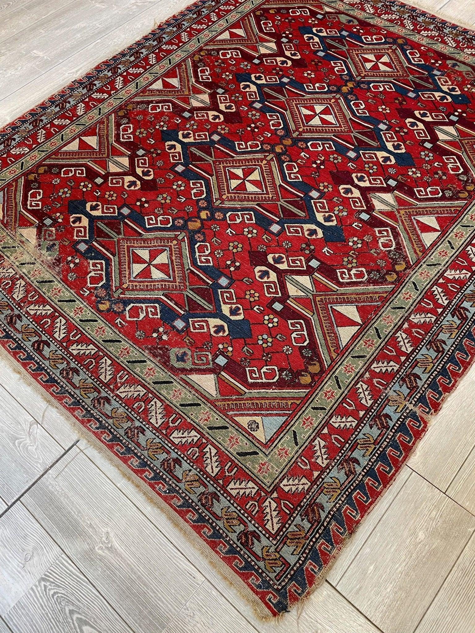 Fine Antique Natural Dyes Caucasian Soumak Area Rug 73''x91'' - Image 6
