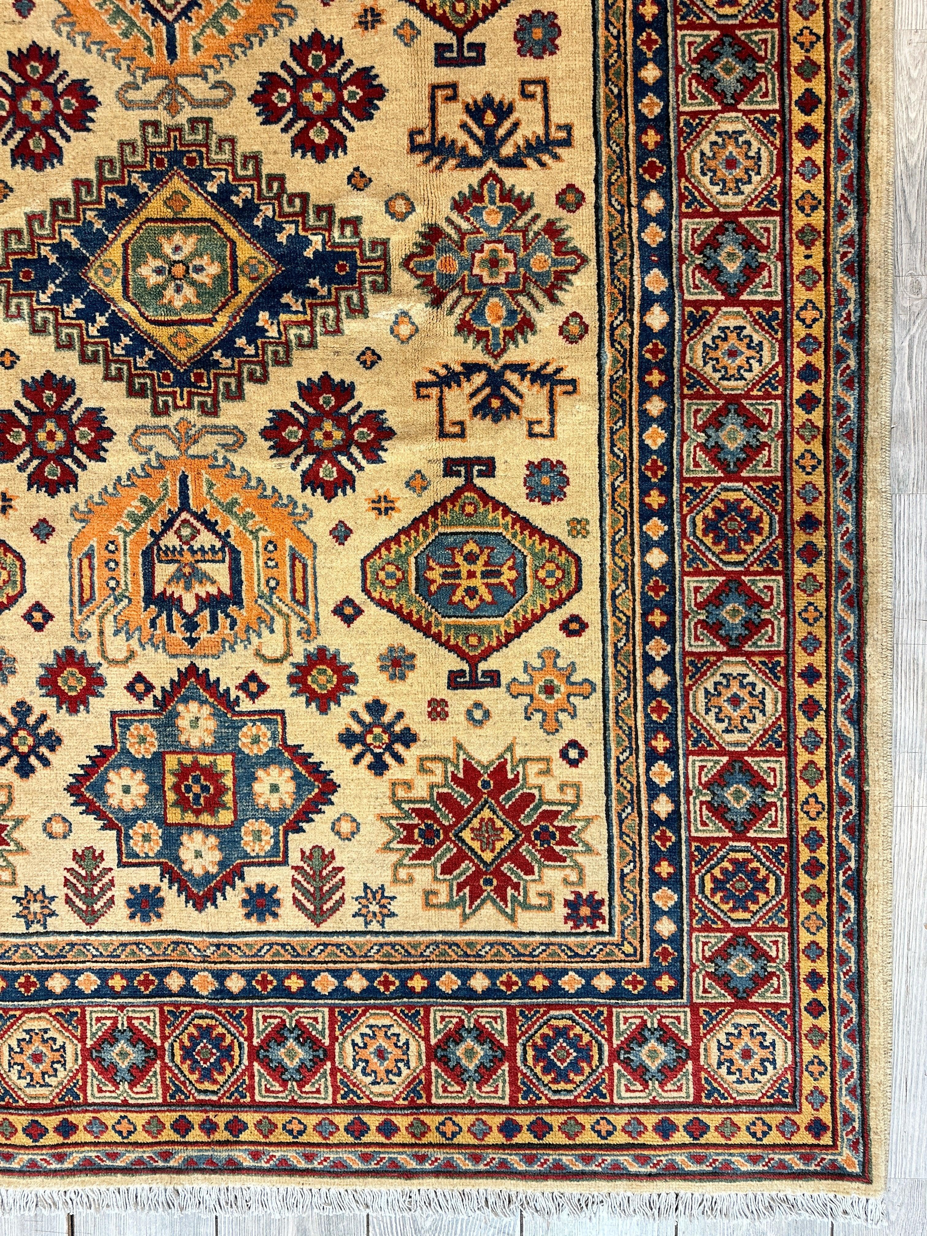 Fine Hand Knotted Afghani Super Kazak Rug 5 x 7 - Image 8