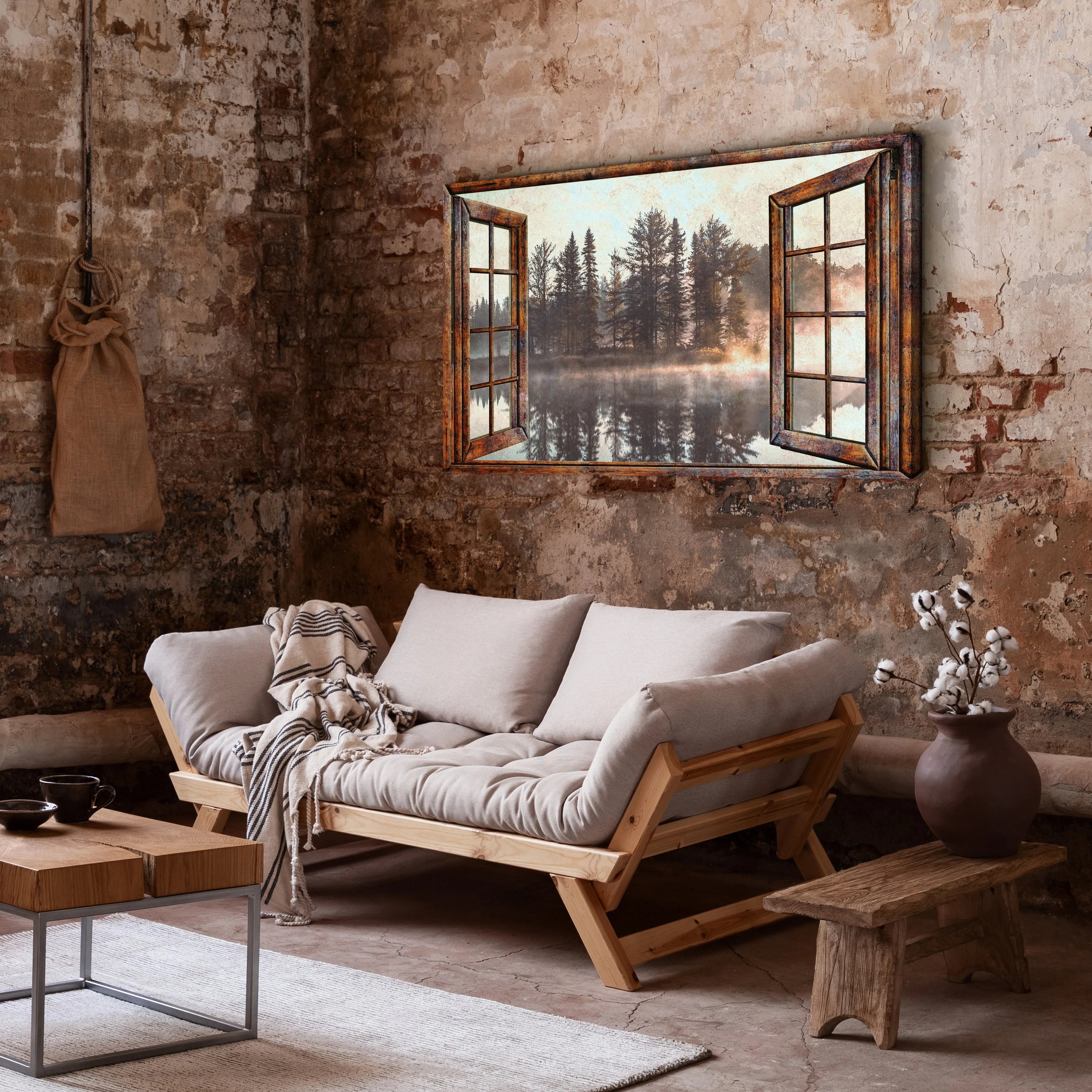 Foggy Autumn Lake View By The Window Canvas Wall Art - Image 2